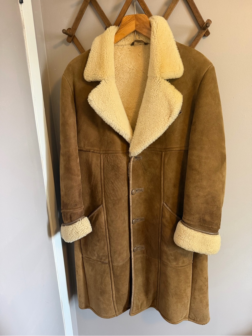 Knight Tailors Vintage Shearling Sheepskin Heavy Winter Jacket Camel Tan Size 44